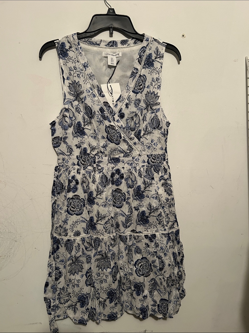 Lucky Brand White and Navy Floral Wrap Midi Dress